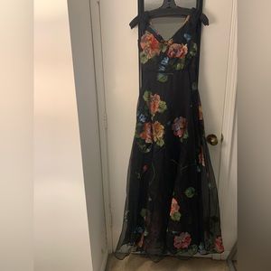 Marchesa Notte Off-the-Shoulder Gown, Black Floral, Size 2